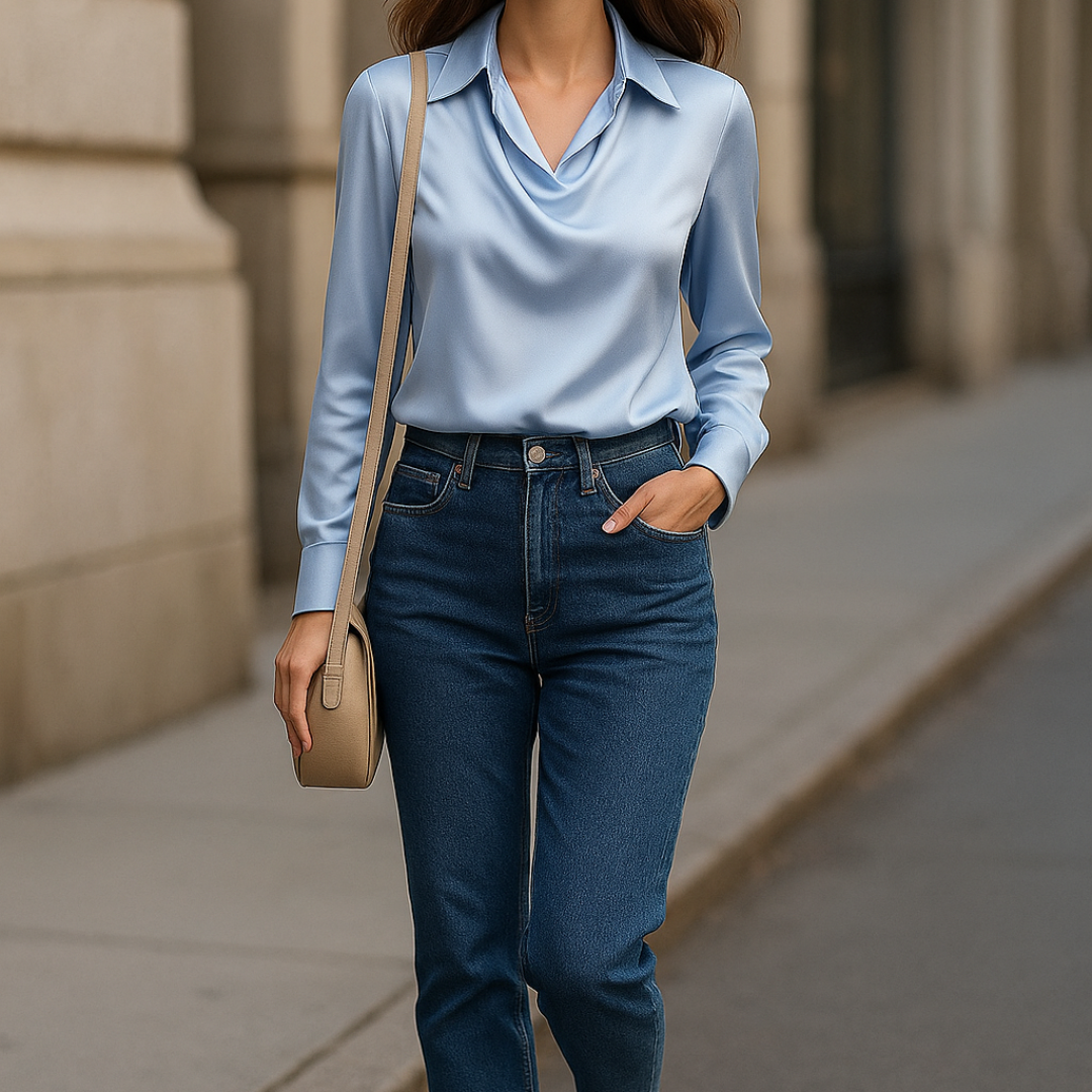 Laureline - Shiny Blouse with Pleated Collar - Chic & Timeless