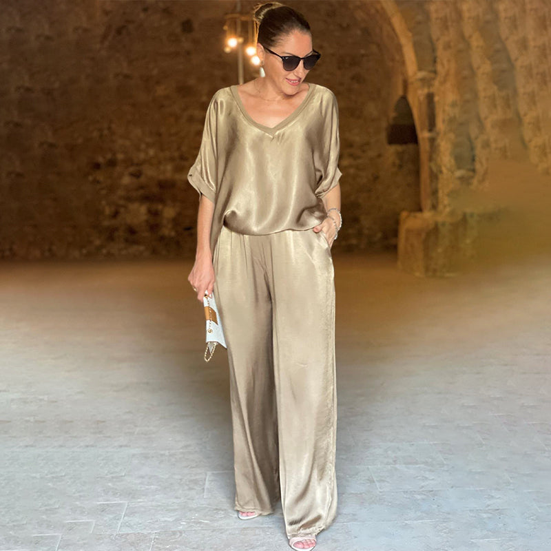 Laurie - Elegant Shiny Two Piece Plus Size V-Neck Set