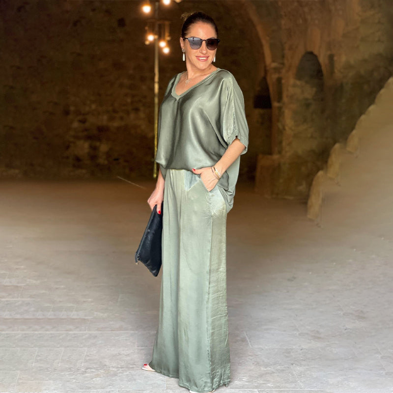 Laurie - Elegant Shiny Two Piece Plus Size V-Neck Set