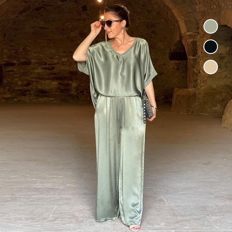 Laurie - Elegant Shiny Two Piece Plus Size V-Neck Set