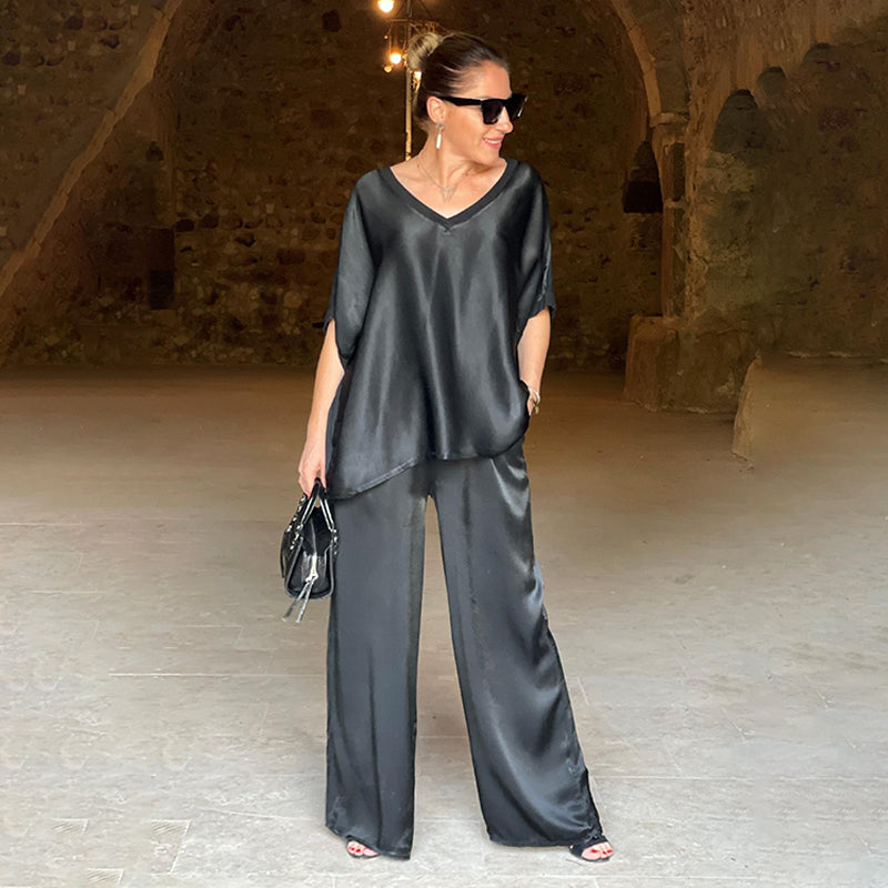 Laurie - Elegant Shiny Two Piece Plus Size V-Neck Set