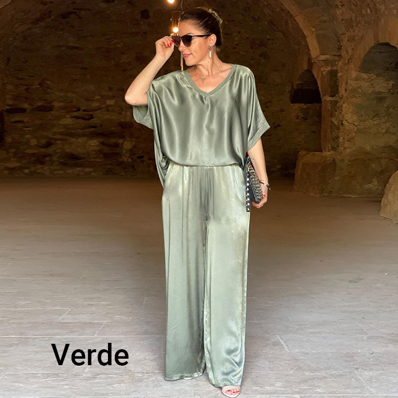 Laurie - Elegant Shiny Two Piece Plus Size V-Neck Set