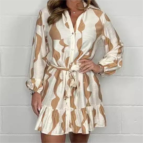 Perlina - Irregular Stripe Shirt Dress with Lapel Collar and Tie Belt