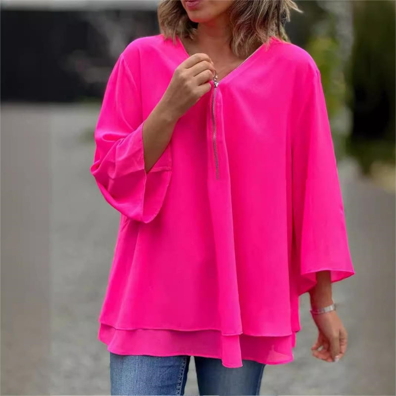 Ornella™ - Soft Double Layer Top with Zipper and V-Neckline