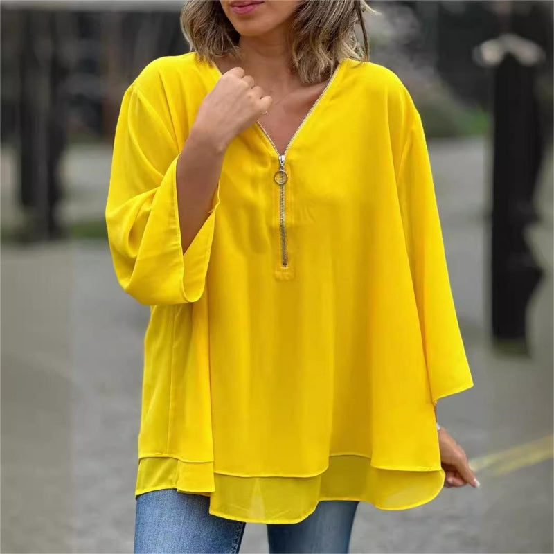 Ornella™ - Soft Double Layer Top with Zipper and V-Neckline
