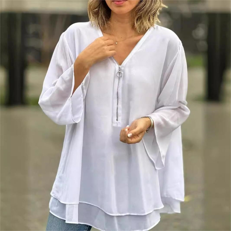 Ornella™ - Soft Double Layer Top with Zipper and V-Neckline