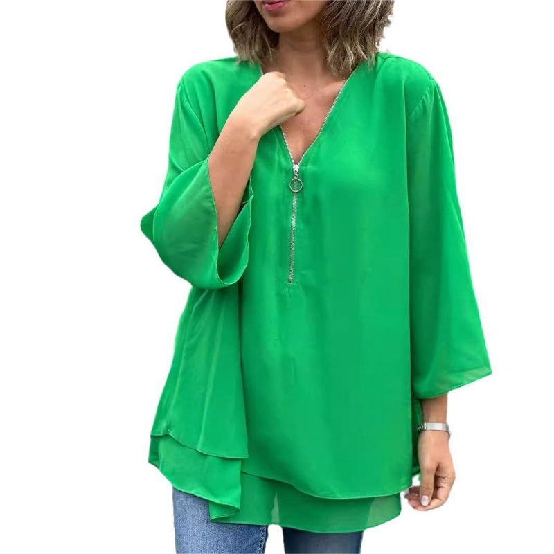 Ornella™ - Soft Double Layer Top with Zipper and V-Neckline