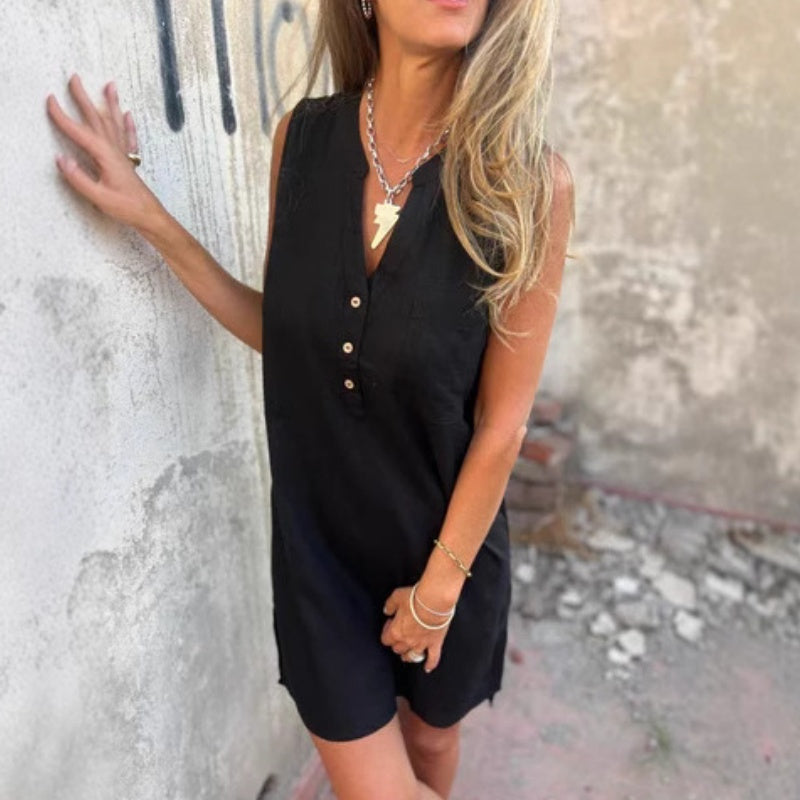 Noelia - Women's V-Neck Sleeveless Button Dress