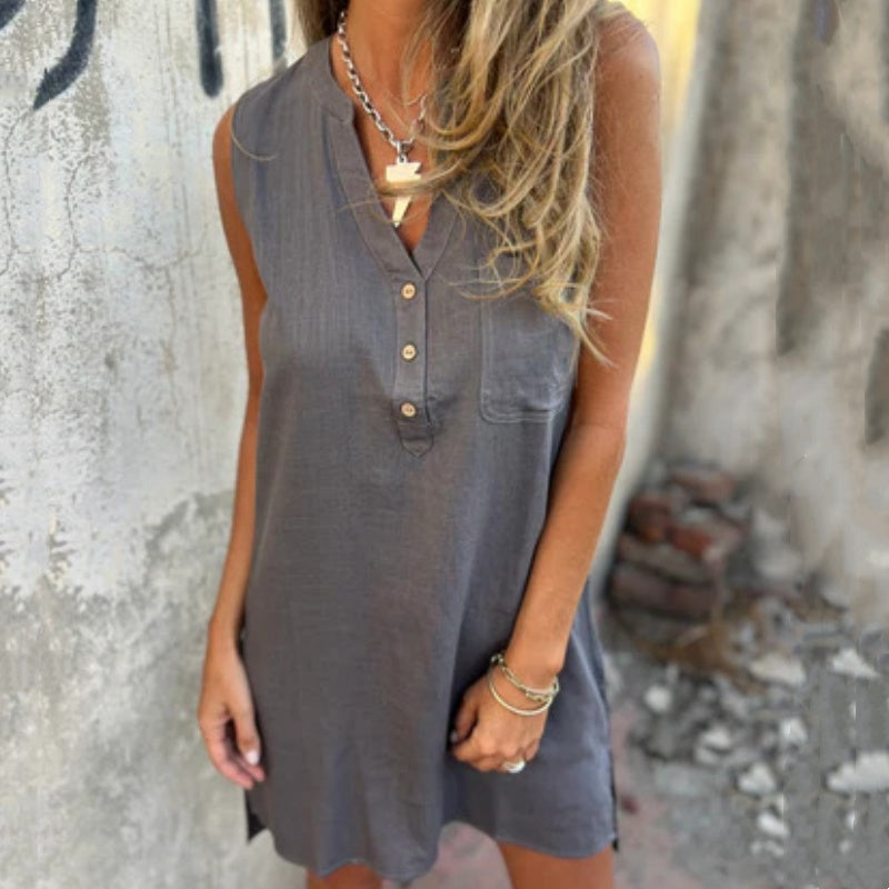 Noelia - Women's V-Neck Sleeveless Button Dress