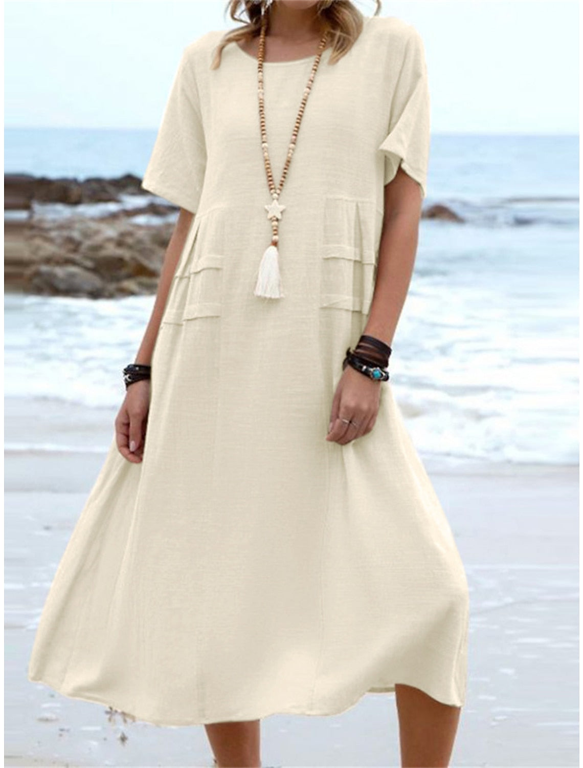 Oriana - Cotton and Linen Midi Dress with Round Neck