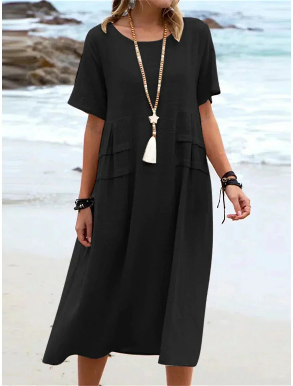 Oriana - Cotton and Linen Midi Dress with Round Neck