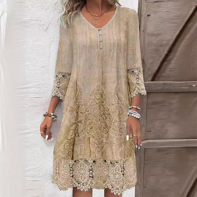 Maia™ - Elegant lace dress with half sleeves and V-neckline for women.