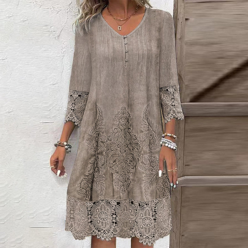 Maia™ - Elegant lace dress with half sleeves and V-neckline for women.