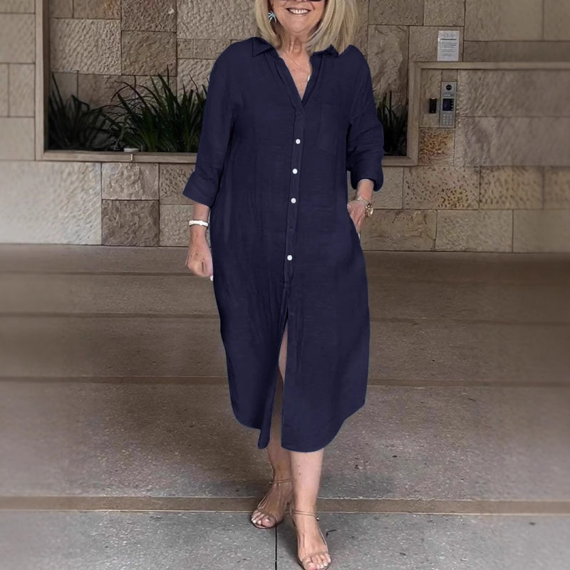 Talya - Elegant Long Cotton Linen Shirt Dress