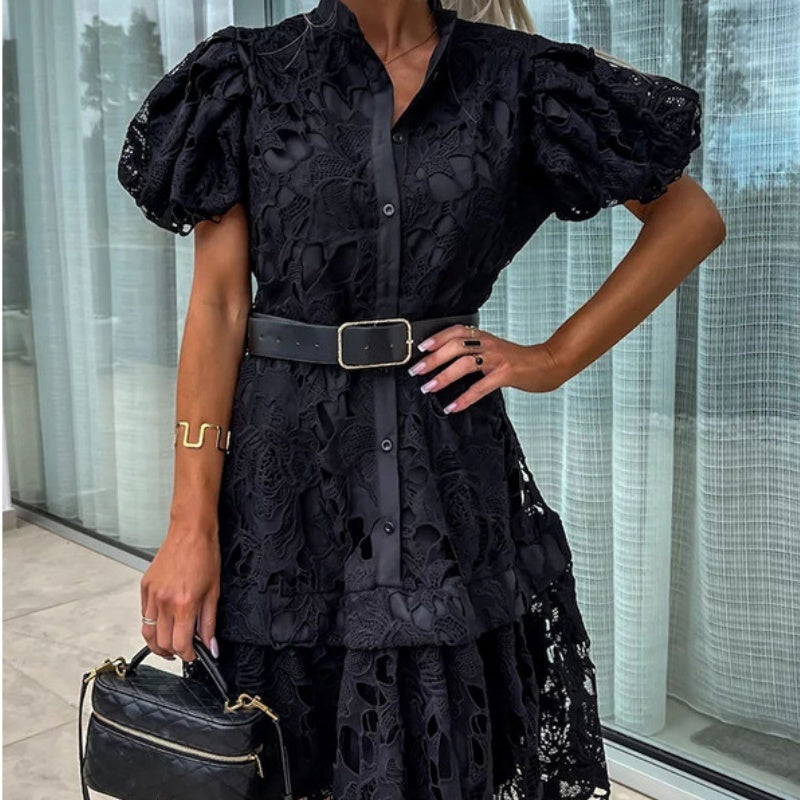 Layla - Retro lace dress with short sleeves and cut-outs for women.