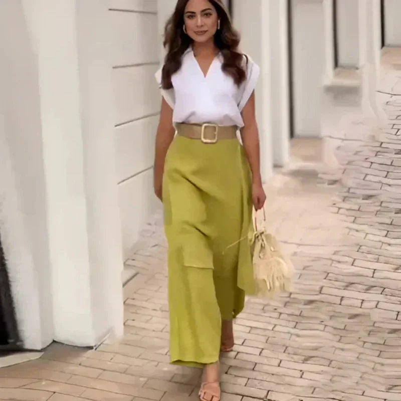 Myla - Elegant Women's Set: V-has Top and Elephant Feet Pants