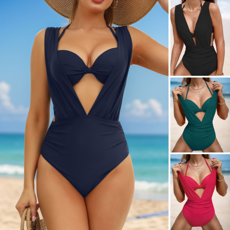 Lira - Plain swimsuit with bow for women, 2-piece set