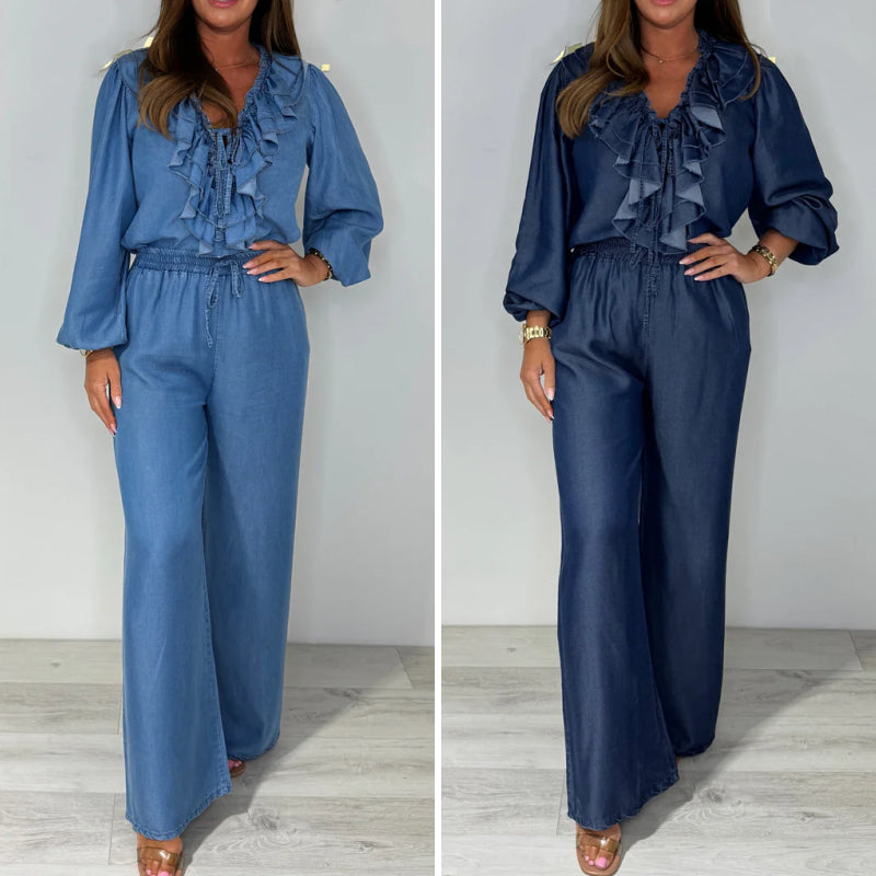 Sorina - Long Sleeve Casual Set with Wide Leg Pants