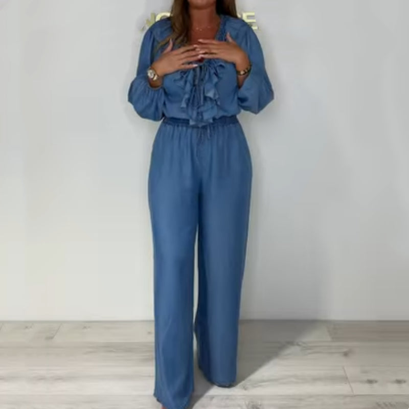Sorina - Long Sleeve Casual Set with Wide Leg Pants