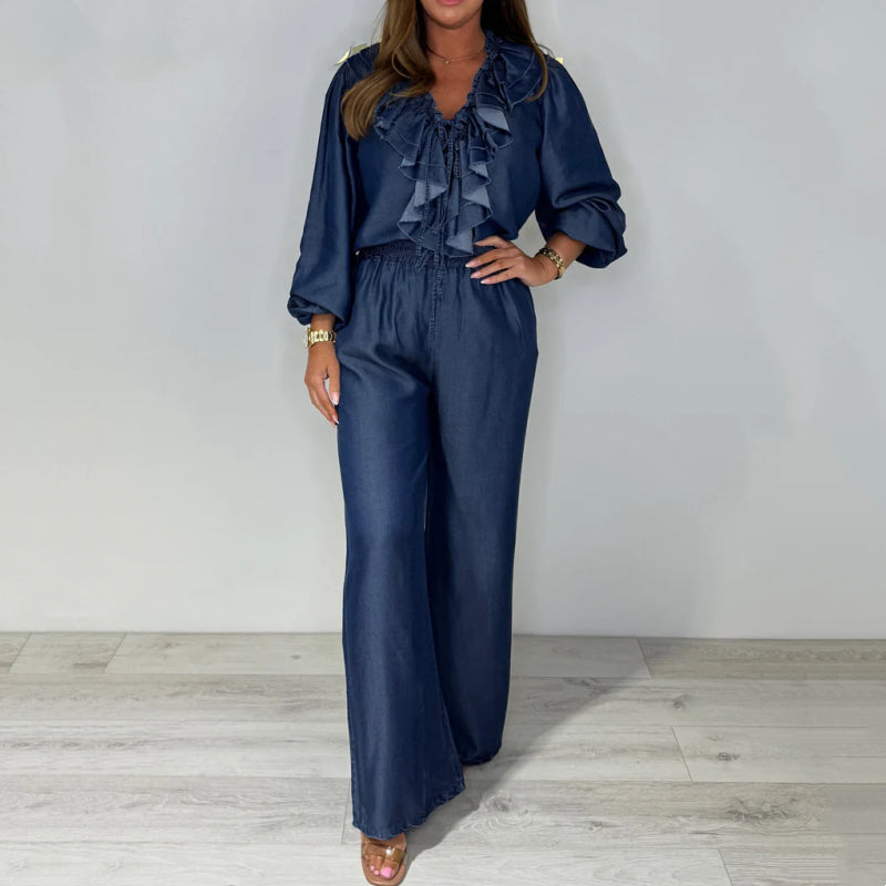 Sorina - Long Sleeve Casual Set with Wide Leg Pants