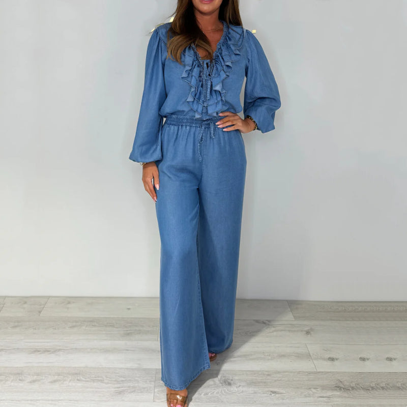 Sorina - Long Sleeve Casual Set with Wide Leg Pants