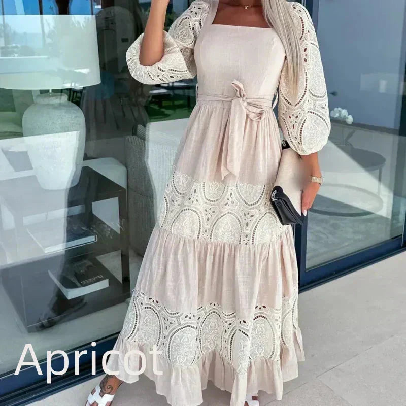 Therenia™ - Lange patchworkjurk met riem en vierkante halslijn 