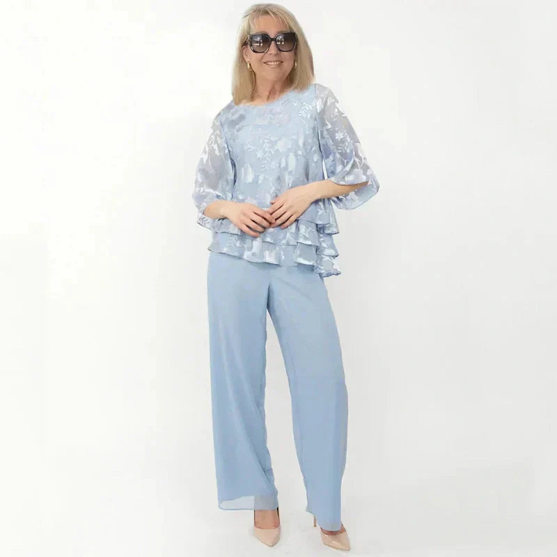 Nila -  Elegant Chiffon Set: Layered Top + Wide-Leg Pants
