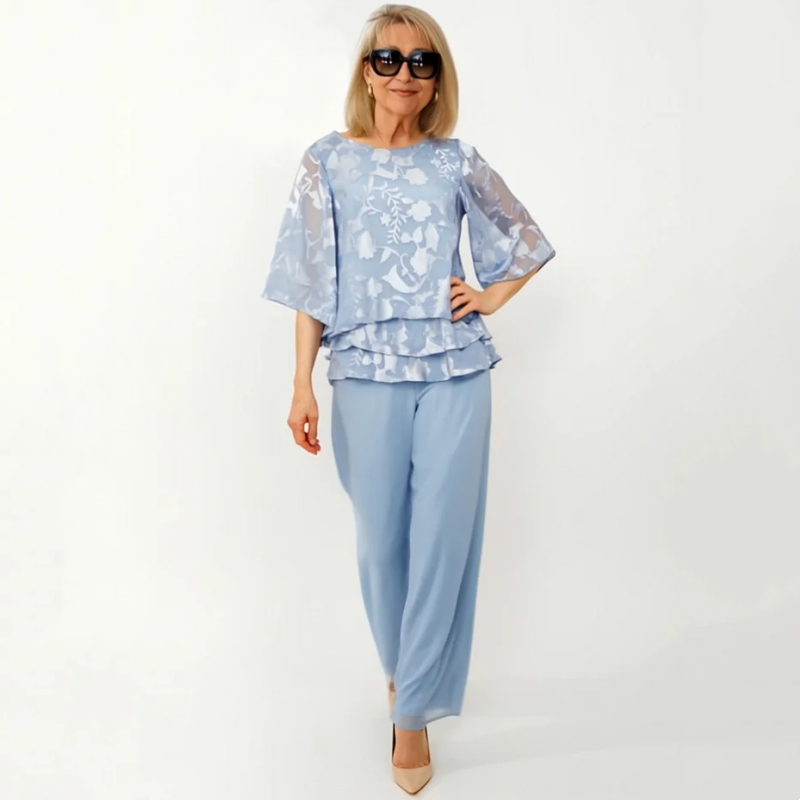 Nila -  Elegant Chiffon Set: Layered Top + Wide-Leg Pants