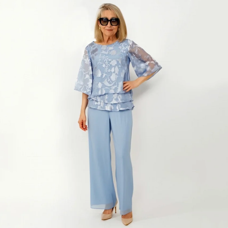 Nila -  Elegant Chiffon Set: Layered Top + Wide-Leg Pants