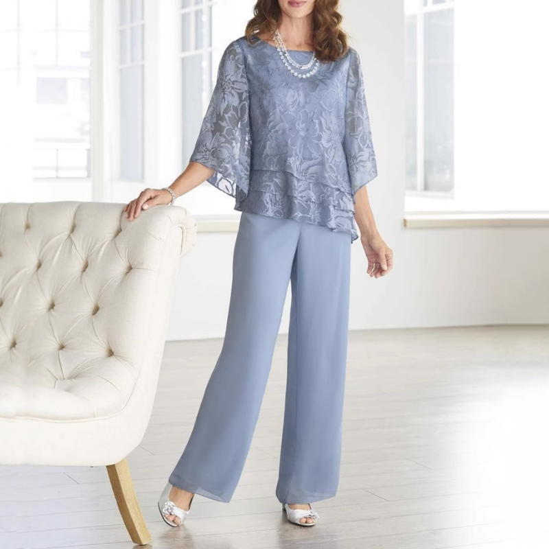 Nila -  Elegant Chiffon Set: Layered Top + Wide-Leg Pants