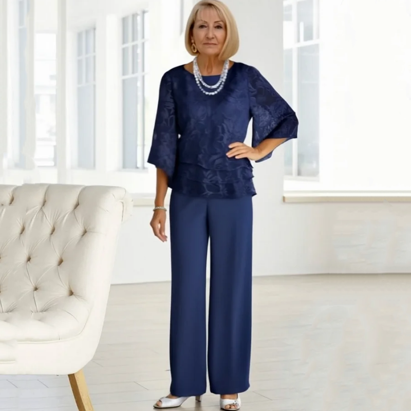Nila -  Elegant Chiffon Set: Layered Top + Wide-Leg Pants