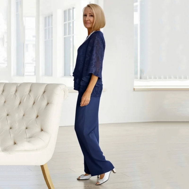 Nila -  Elegant Chiffon Set: Layered Top + Wide-Leg Pants