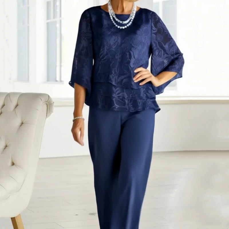 Nila -  Elegant Chiffon Set: Layered Top + Wide-Leg Pants