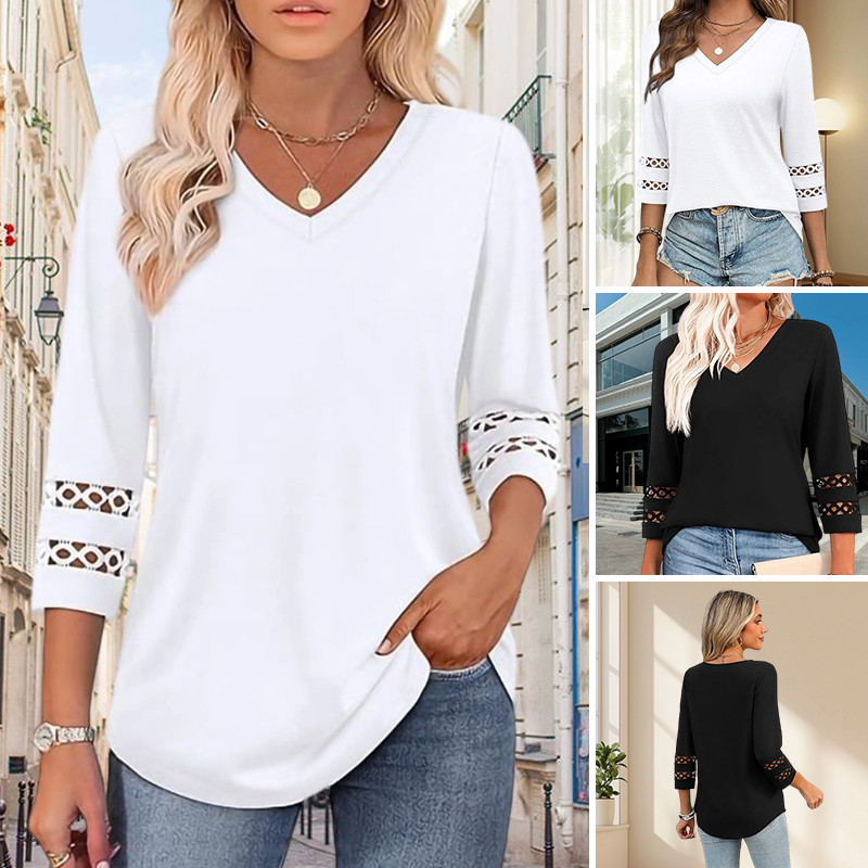 Heliona - Women's plain V-neck 3/4 sleeve top