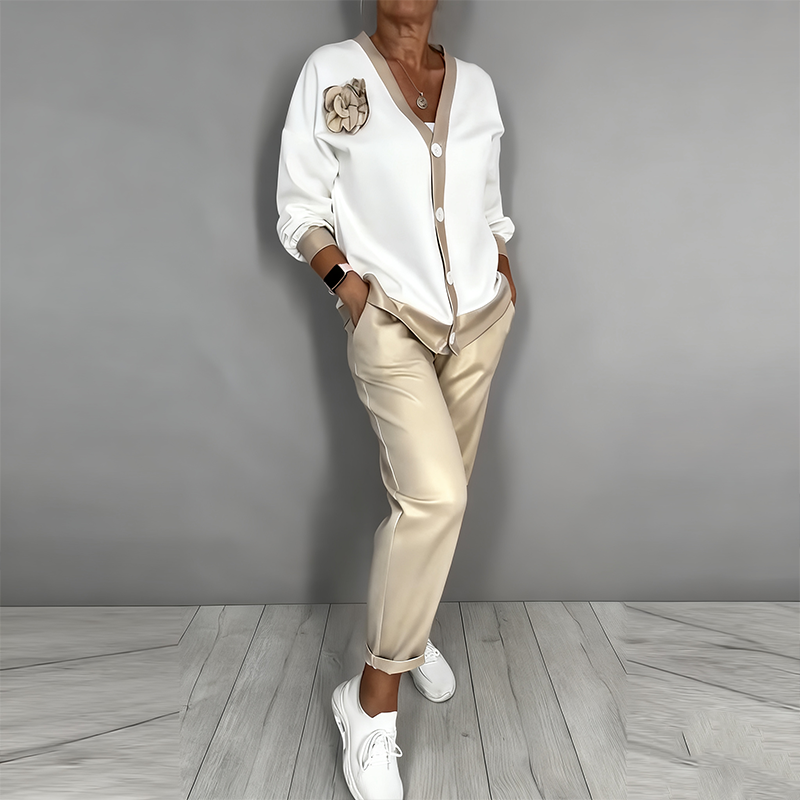 Neravine - Chic Ensemble with V-Neck and High-Waisted Trousers