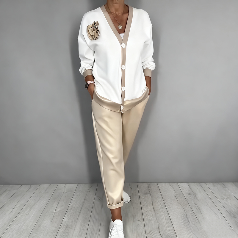 Neravine - Chic Ensemble with V-Neck and High-Waisted Trousers