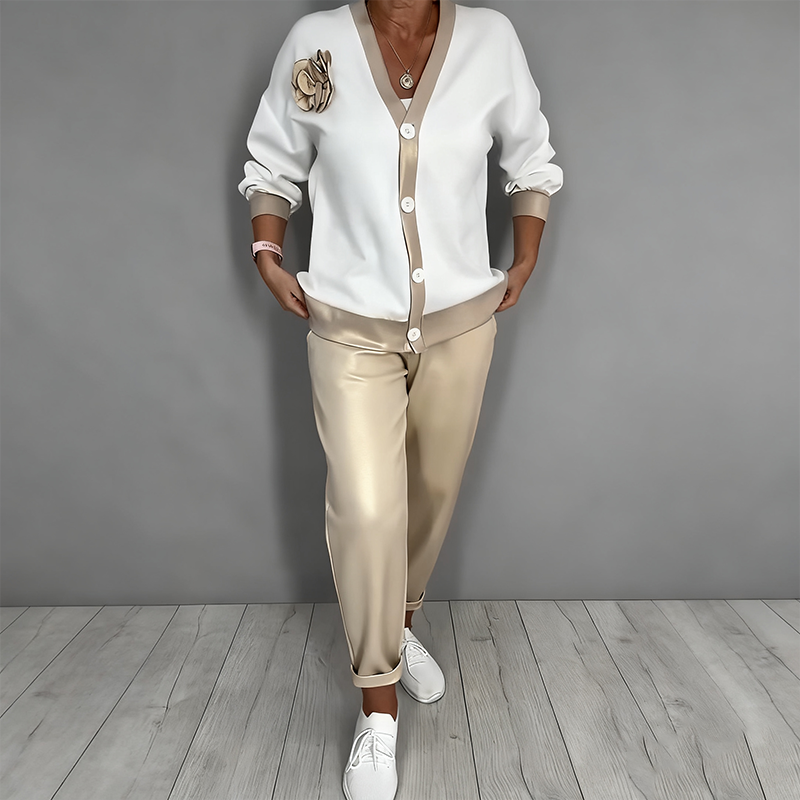Neravine - Chic Ensemble with V-Neck and High-Waisted Trousers