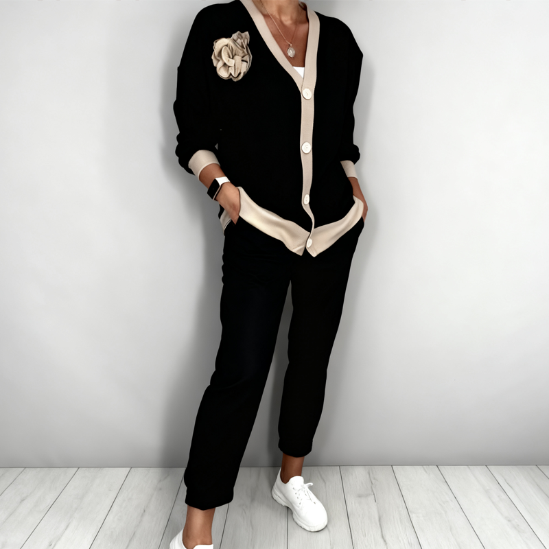 Neravine - Chic Ensemble with V-Neck and High-Waisted Trousers