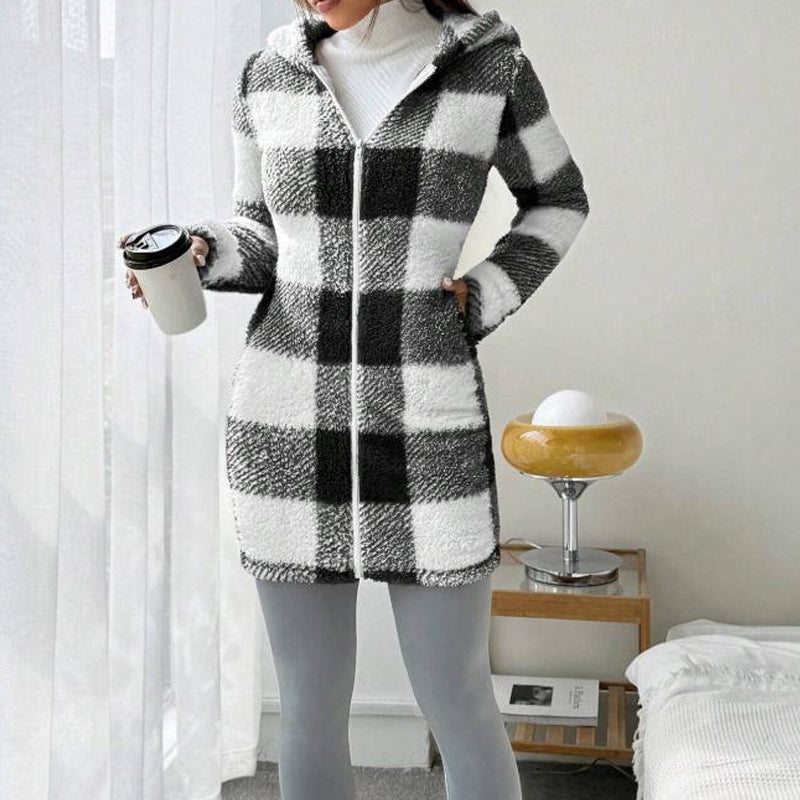 Doralisse - Long Checked Coat with Hood