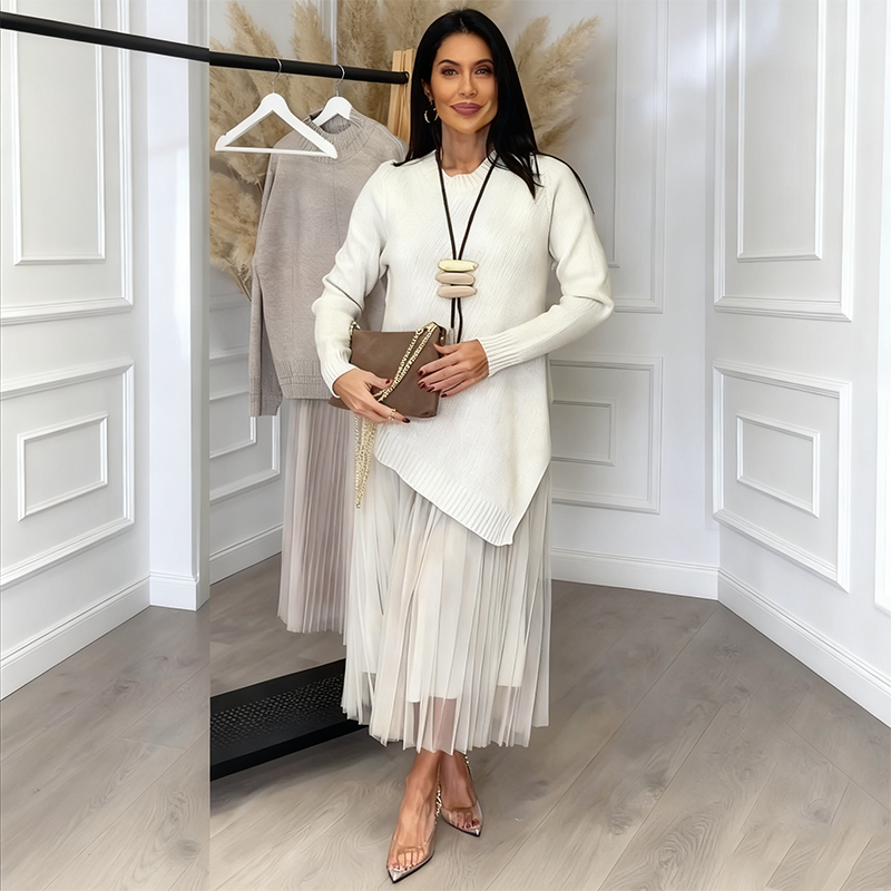 Evelyara - Asymmetrical Sweater and Pleated Midi Dress