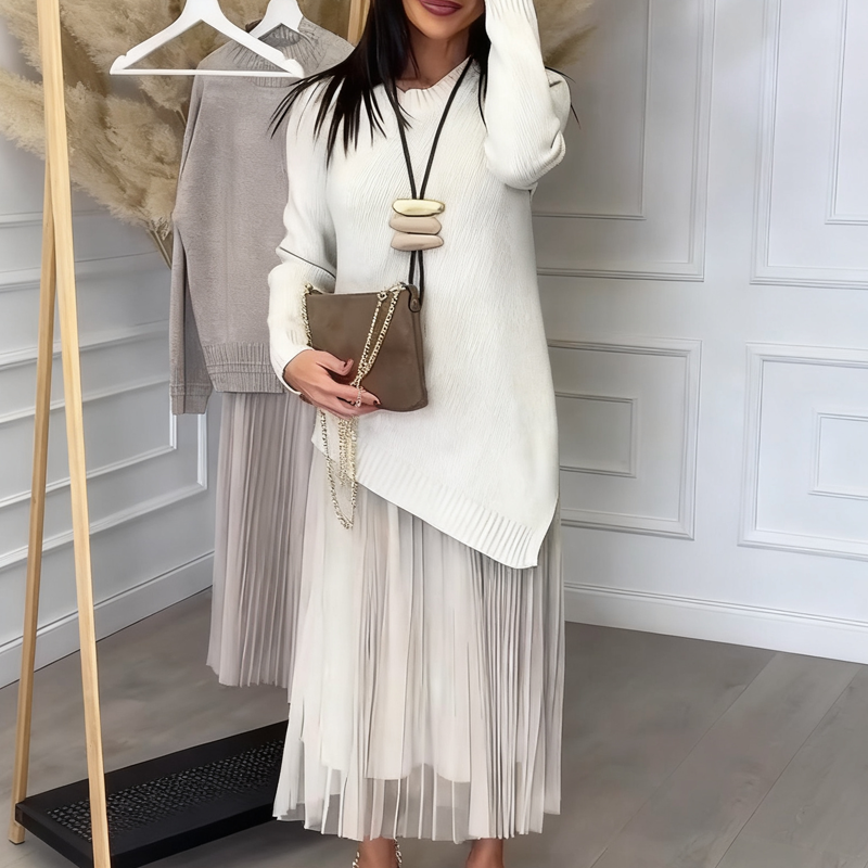 Evelyara - Asymmetrical Sweater and Pleated Midi Dress