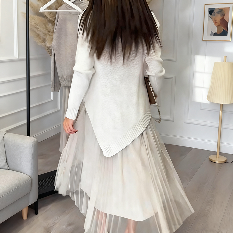 Evelyara - Asymmetrical Sweater and Pleated Midi Dress